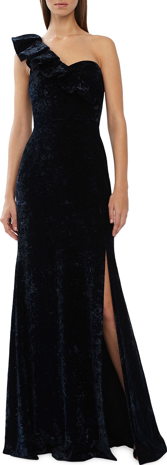 ML Monique Lhuillier One-Shoulder Velvet Gown w/ Thigh Slit