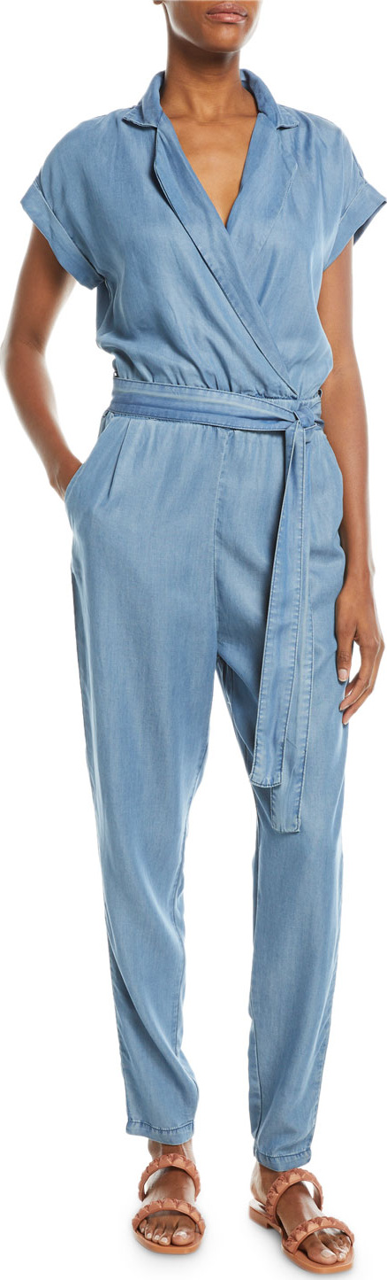 Etienne Marcel Short-Sleeve Wrap-Front Skinny Chambray Jumpsuit