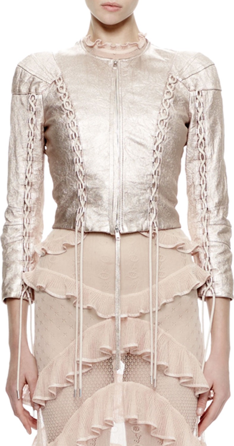 Alexander McQueen 3/4-Sleeve Metallic-Leather Jacket, Rose/Silver