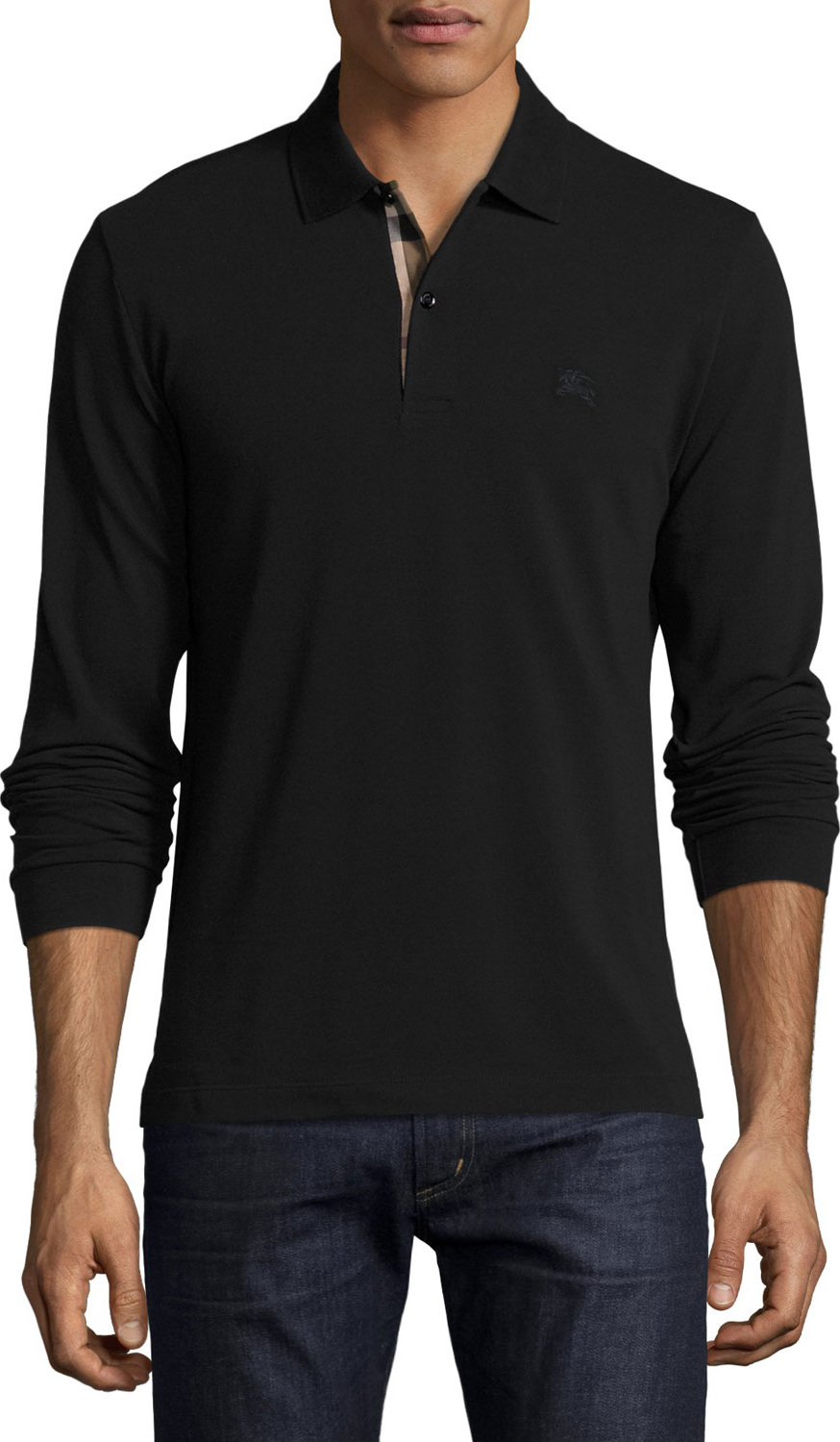 Burberry London England Long-Sleeve Oxford Polo Shirt, Black