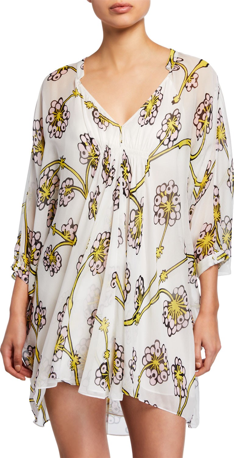 DIANE von FURSTENBERG Fleurette Floral Silk Shirred Coverup Dress