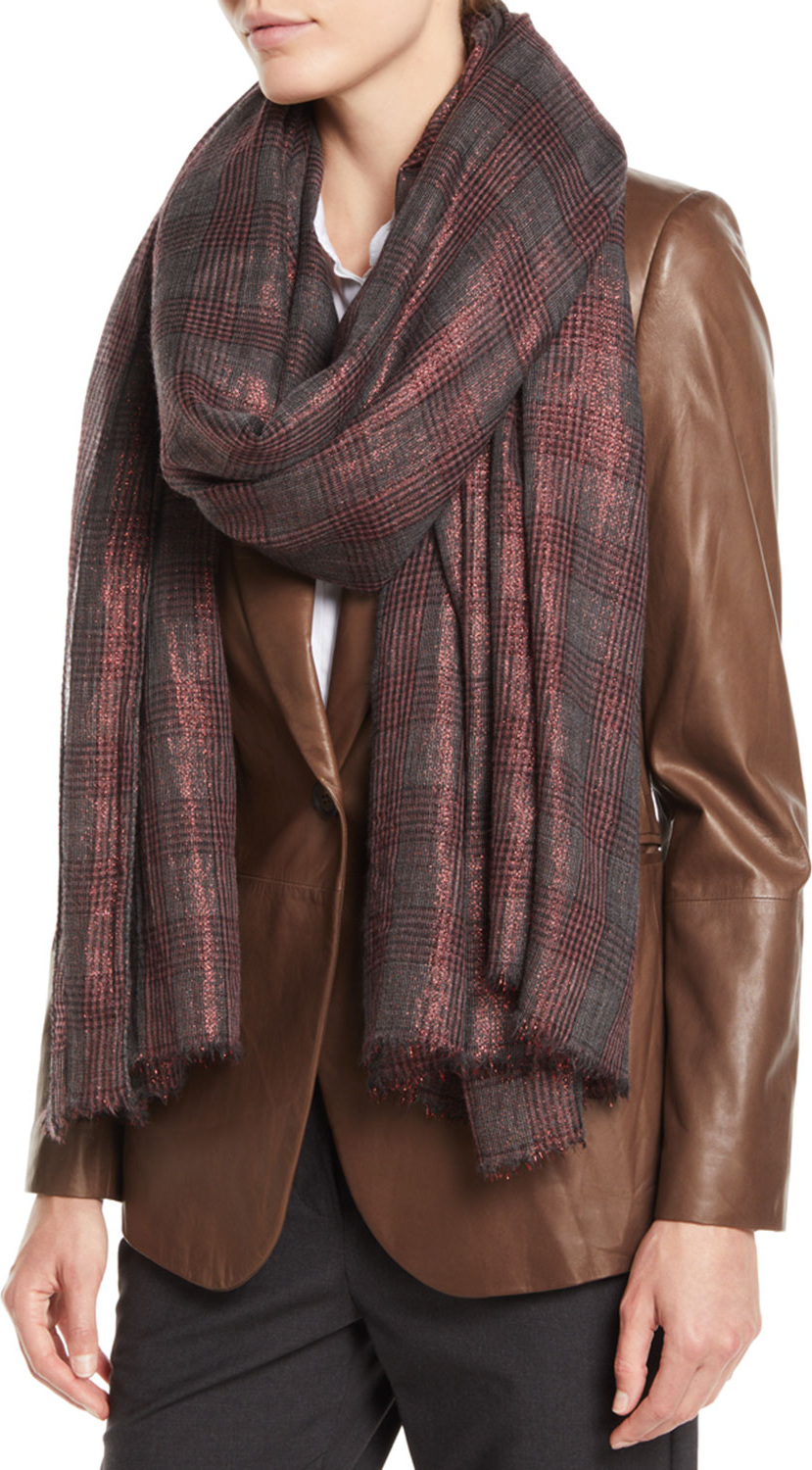 Brunello Cucinelli Metallic-Plaid Cashmere-Blend Scarf