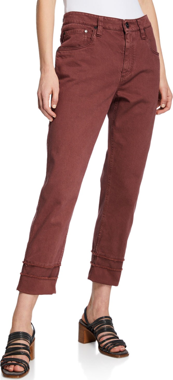 Brunello Cucinelli Frayed Cuff Cropped Jeans, Red