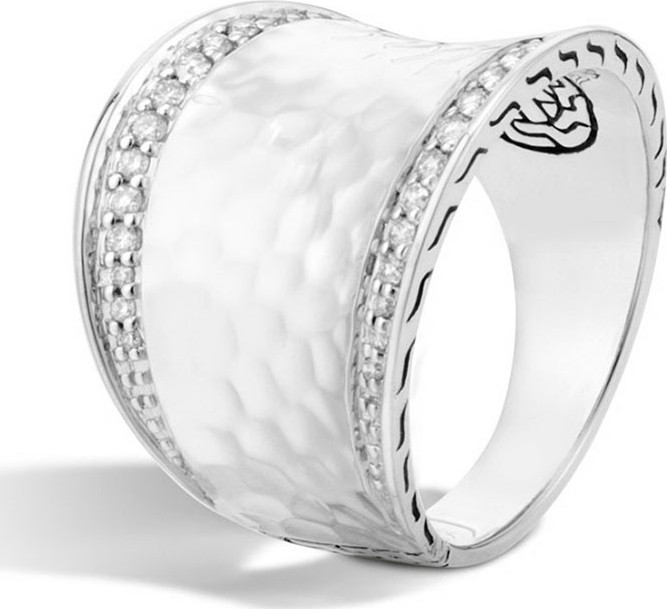 John Hardy Classic Chain Hammered Saddle Ring with Diamonds, Size 7