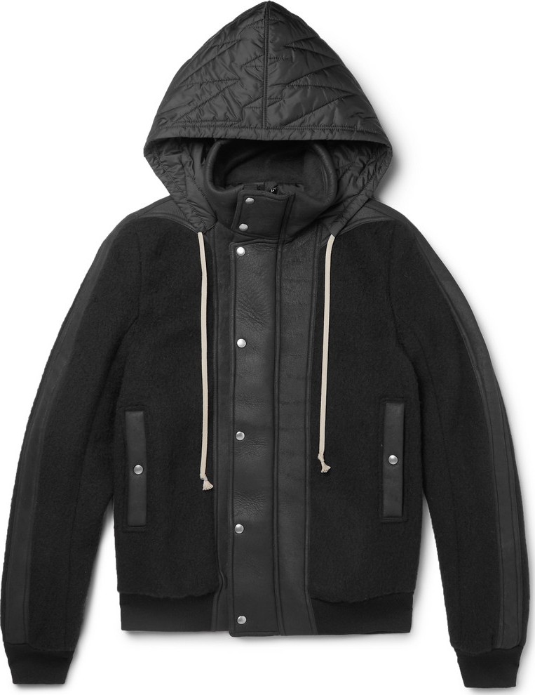 Rick Owens Shell and Leather-Panelled Wool-Fleece Hooded Jacket