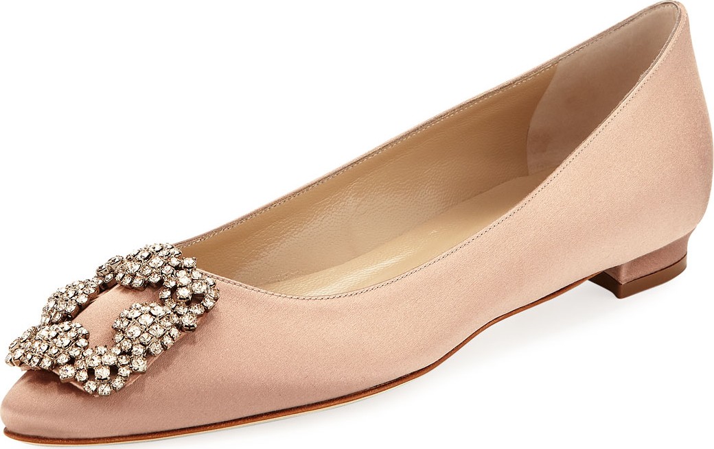 Manolo Blahnik Hangisi Crystal-Buckle Satin Flats