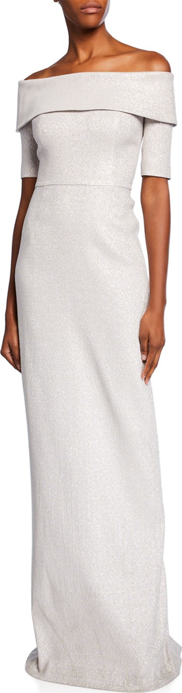 Rickie Freeman for Teri Jon Off-the-Shoulder Short-Sleeve Metallic Jacquard Column Gown