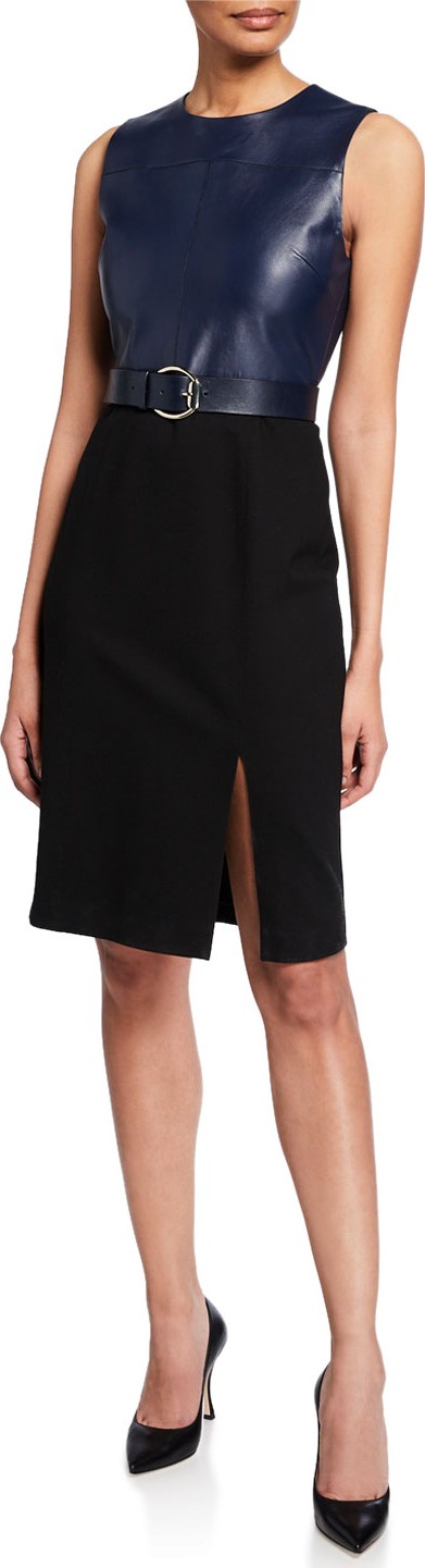 Elie Tahari Isadora Sleeveless Leather Combo Dress w/ Belt