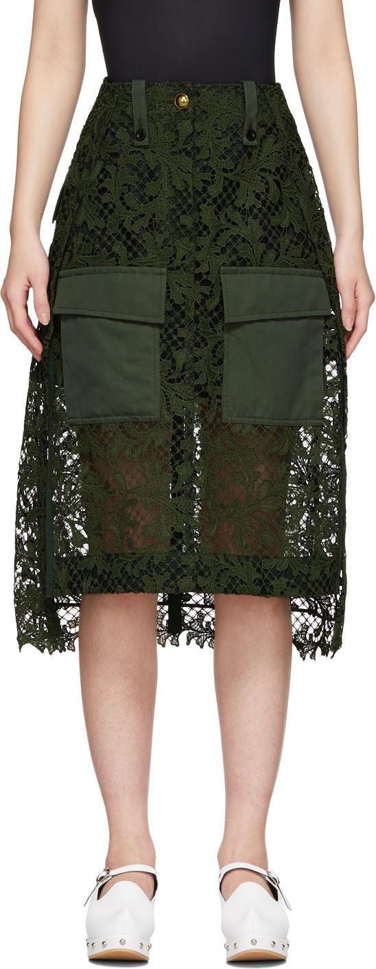 Sacai Green Embroidered Lace Skirt