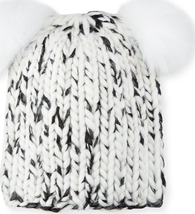 Eugenia Kim Mimi Metallic Knit Beanie Hat w/ Fur Pompoms