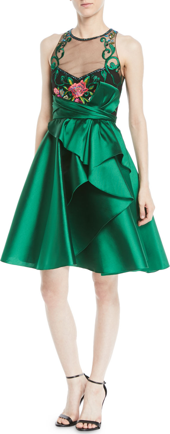 Marchesa Notte Sleeveless Illusion Dress w/ Mikado Skirt