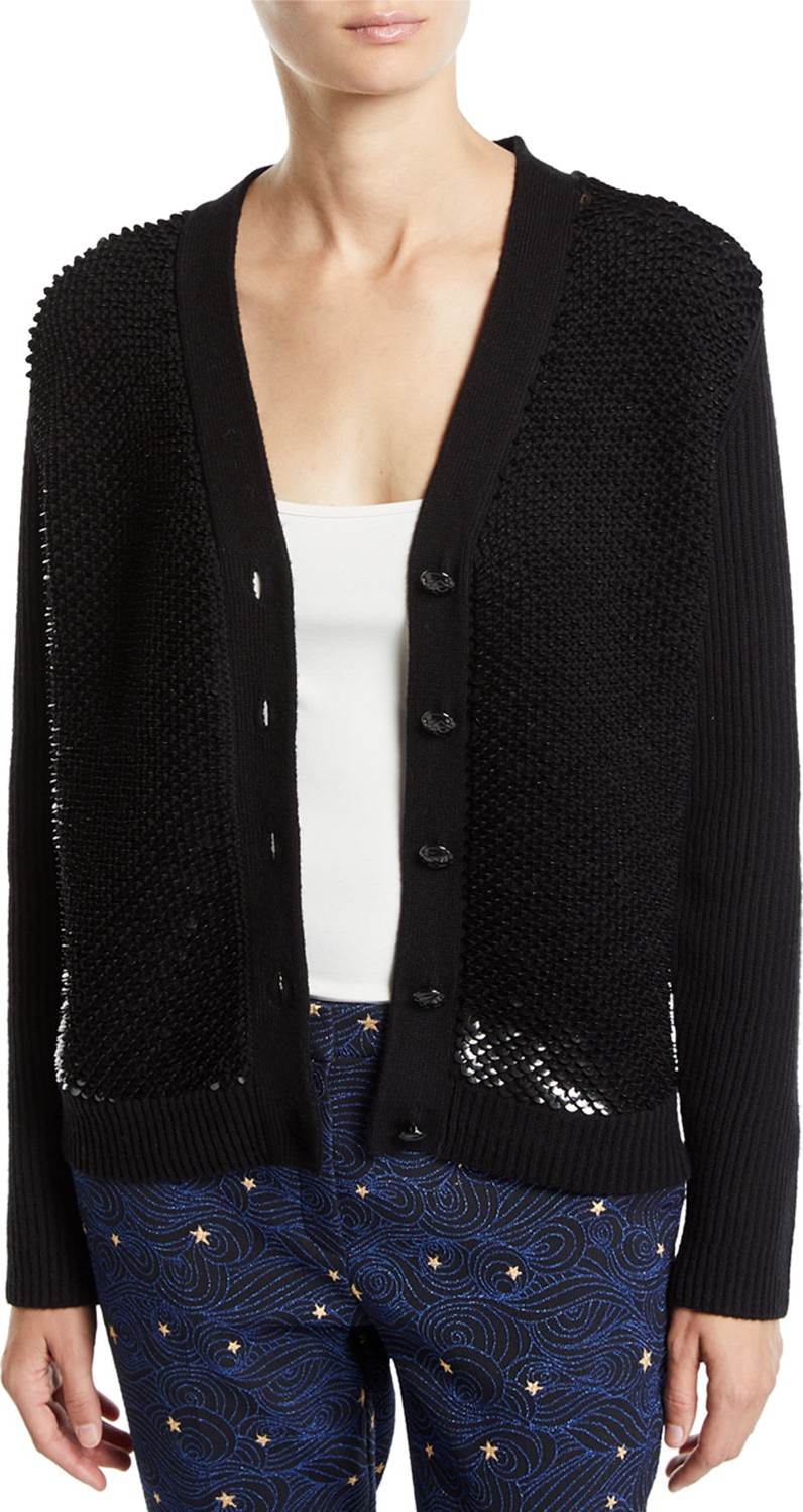 Escada Wool-Cashmere Sequined Button-Front Cardigan