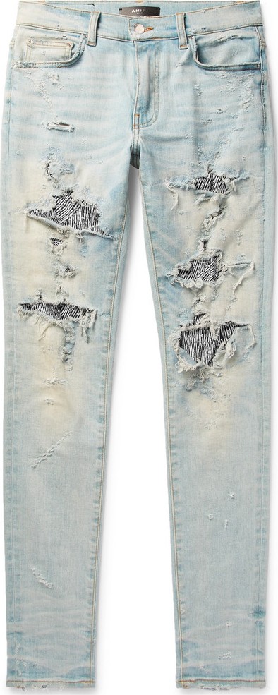 Amiri Skinny-Fit Sequin-Embellished Distressed Stretch-Denim Jeans