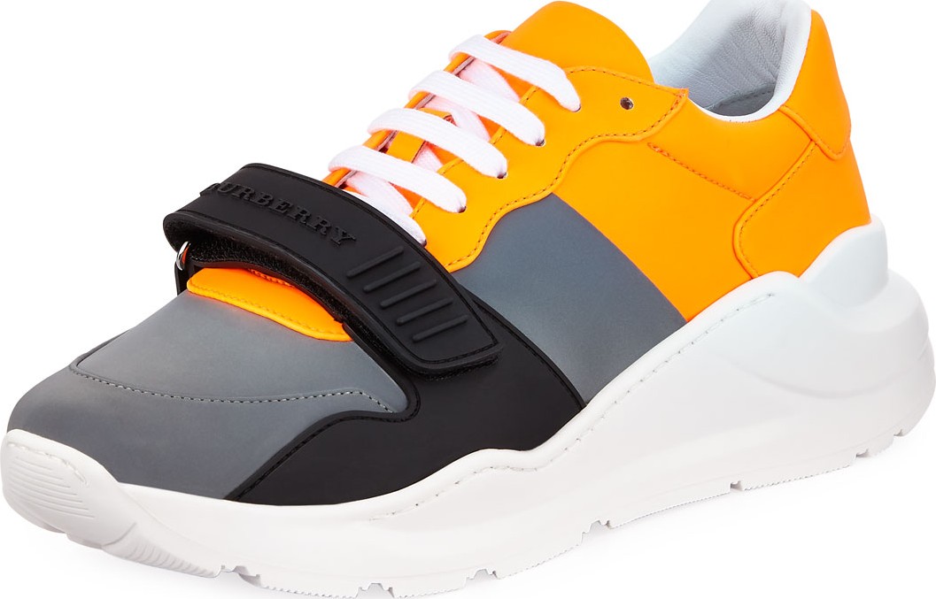 Burberry London England Men's Regis Neoprene Low-Top Sneakers with Exaggerated Sole, Gray/Orange