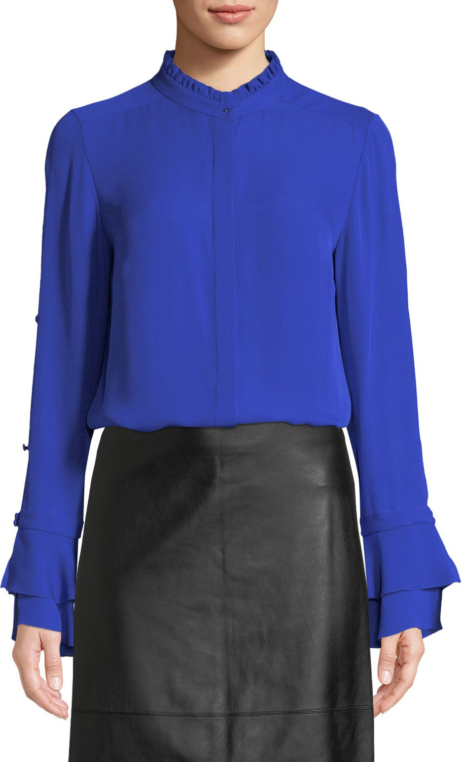 Elie Tahari Teddie Ruffled-Trim Silk Blouse