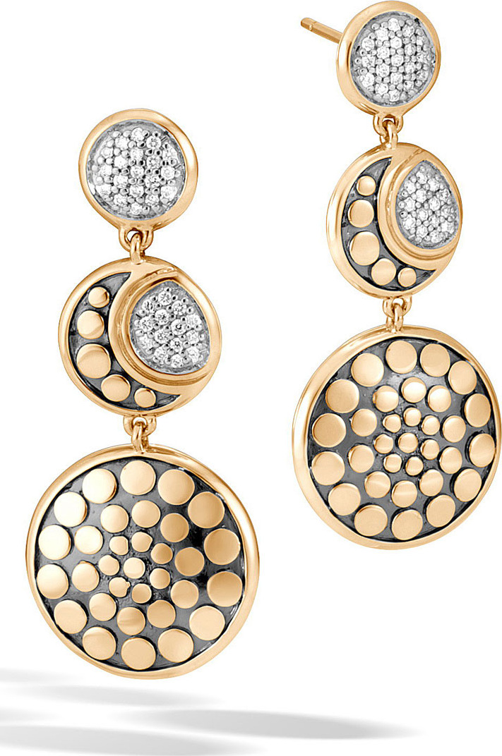 John Hardy Dot Moon Phase 18K Gold Diamond Pave Triple Drop Earrings