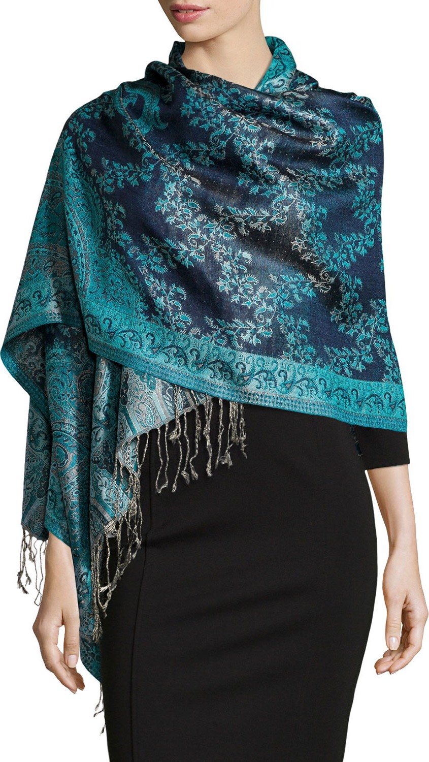 Sabira Paisley Jacquard Weave Silk Shawl, Blue Floral