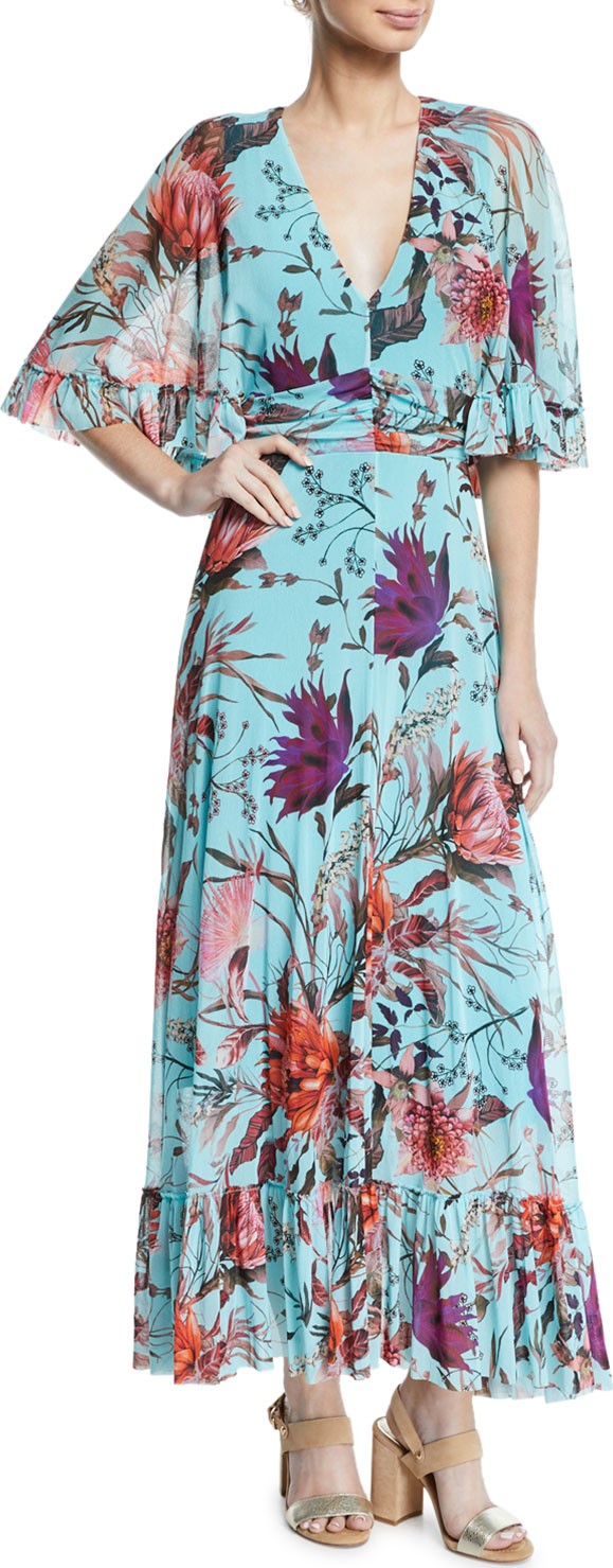 Fuzzi Botanical Floral V-Neck Long Dress