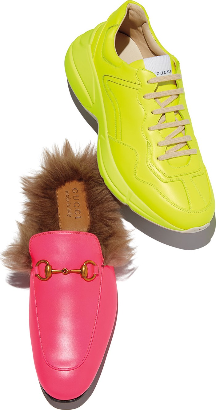 Gucci Men's Princetown Fur-Lined Fluorescent Leather Slippers