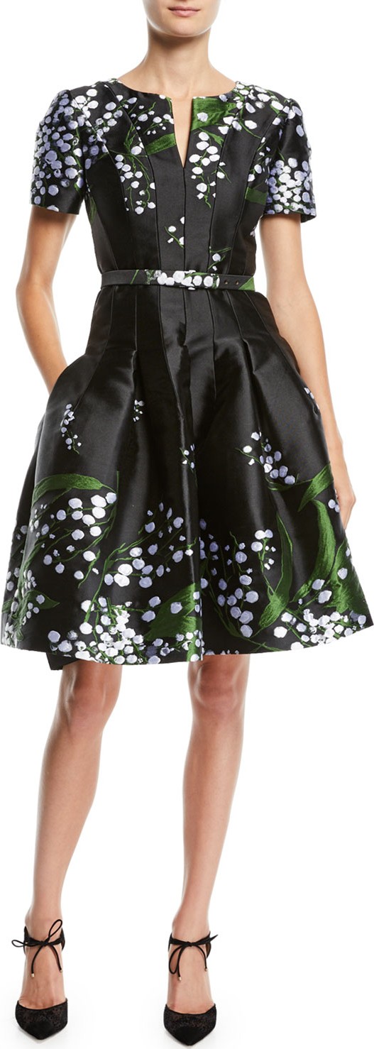 Oscar De La Renta Short-Sleeve Split-Neck Fit-and-Flare Floral-Embroidered Dress