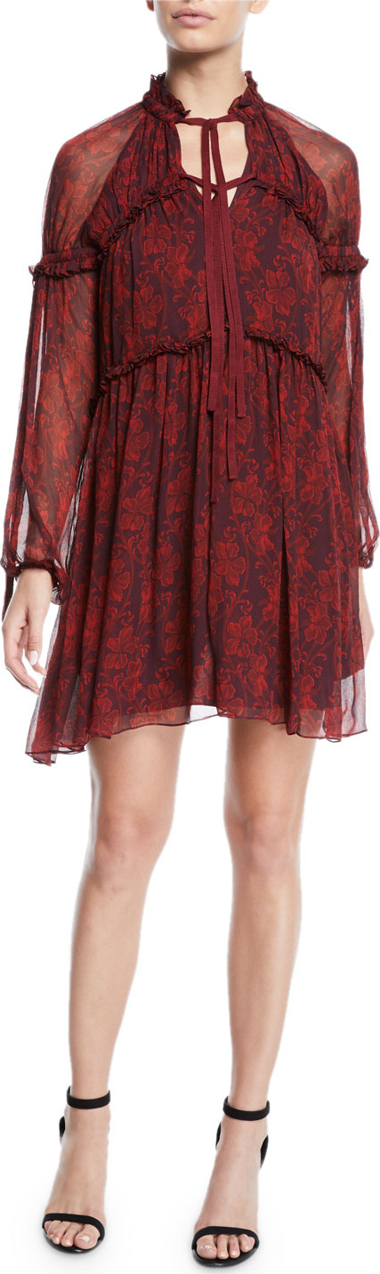 Cinq A Sept Gisele Floral Silk Ruffle Long-Sleeve Shift Dress