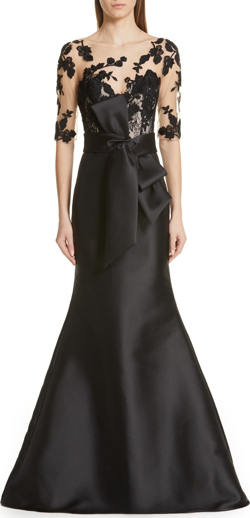 Badgley Mischka Badgley Mischka Bow Waist Lace Bodice Mermaid Evening Dress