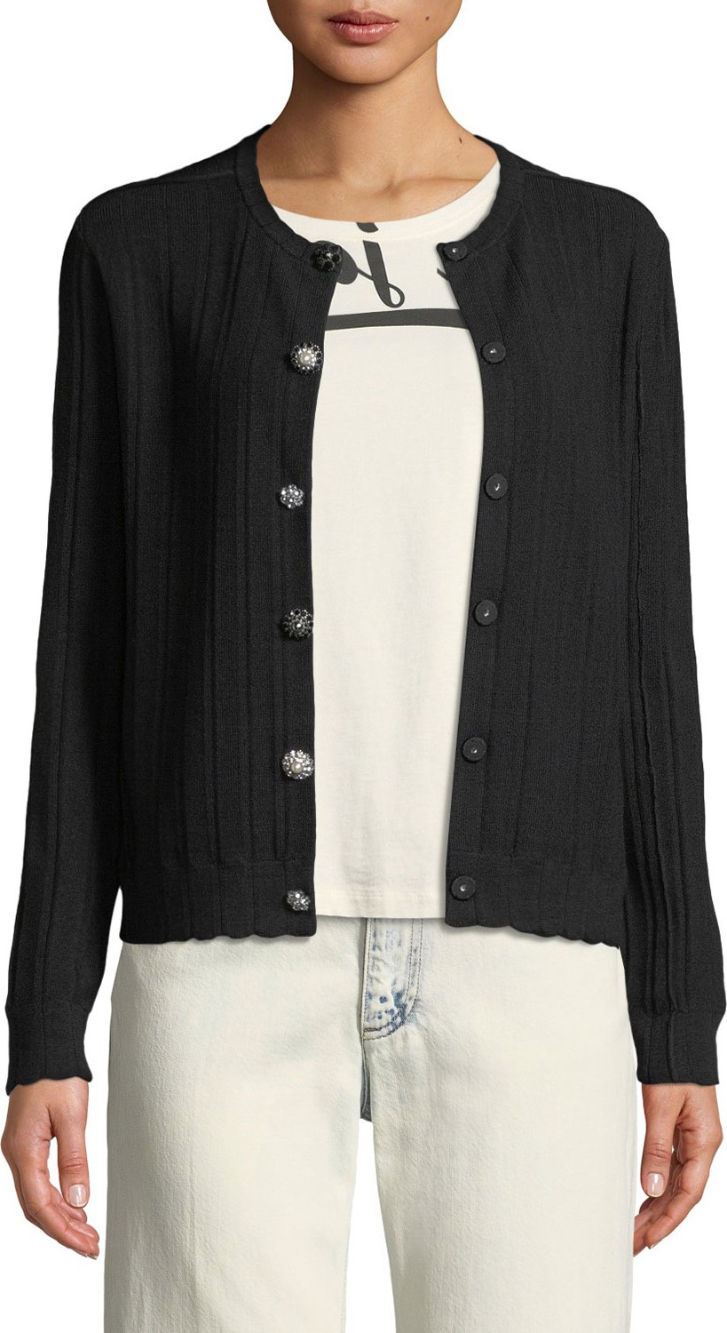 MARC JACOBS Crewneck Jewel-Button Ribbed Wool-Silk Cardigan