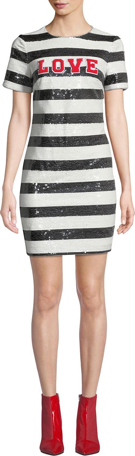 Aidan by Aidan Mattox Striped Sequin Short-Sleeve Cocktail Dress with Love Applique
