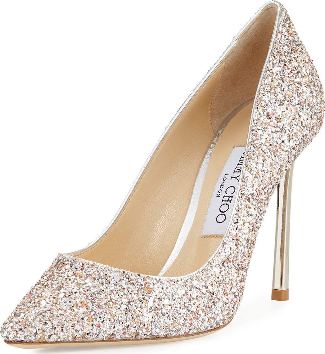 Jimmy Choo Romy Glitter Pointed-Toe 100mm Pumps, Pink Metallic