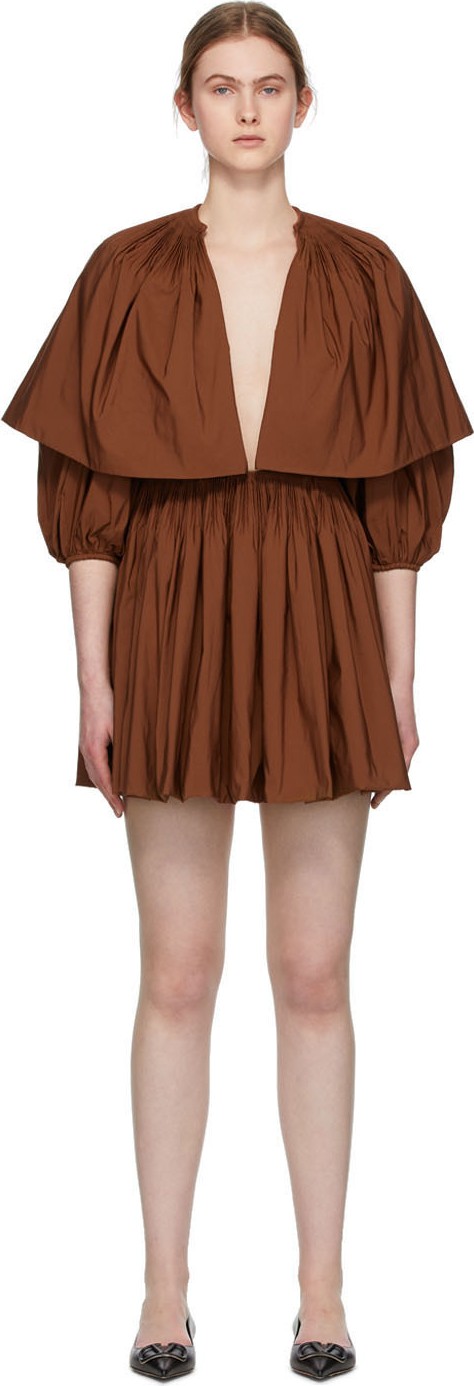 Valentino Brown Pleated V-Neck Mini Dress