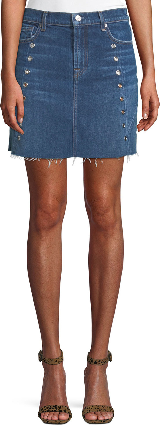 7 For All Mankind Frayed Denim Mini Skirt with Eyelets