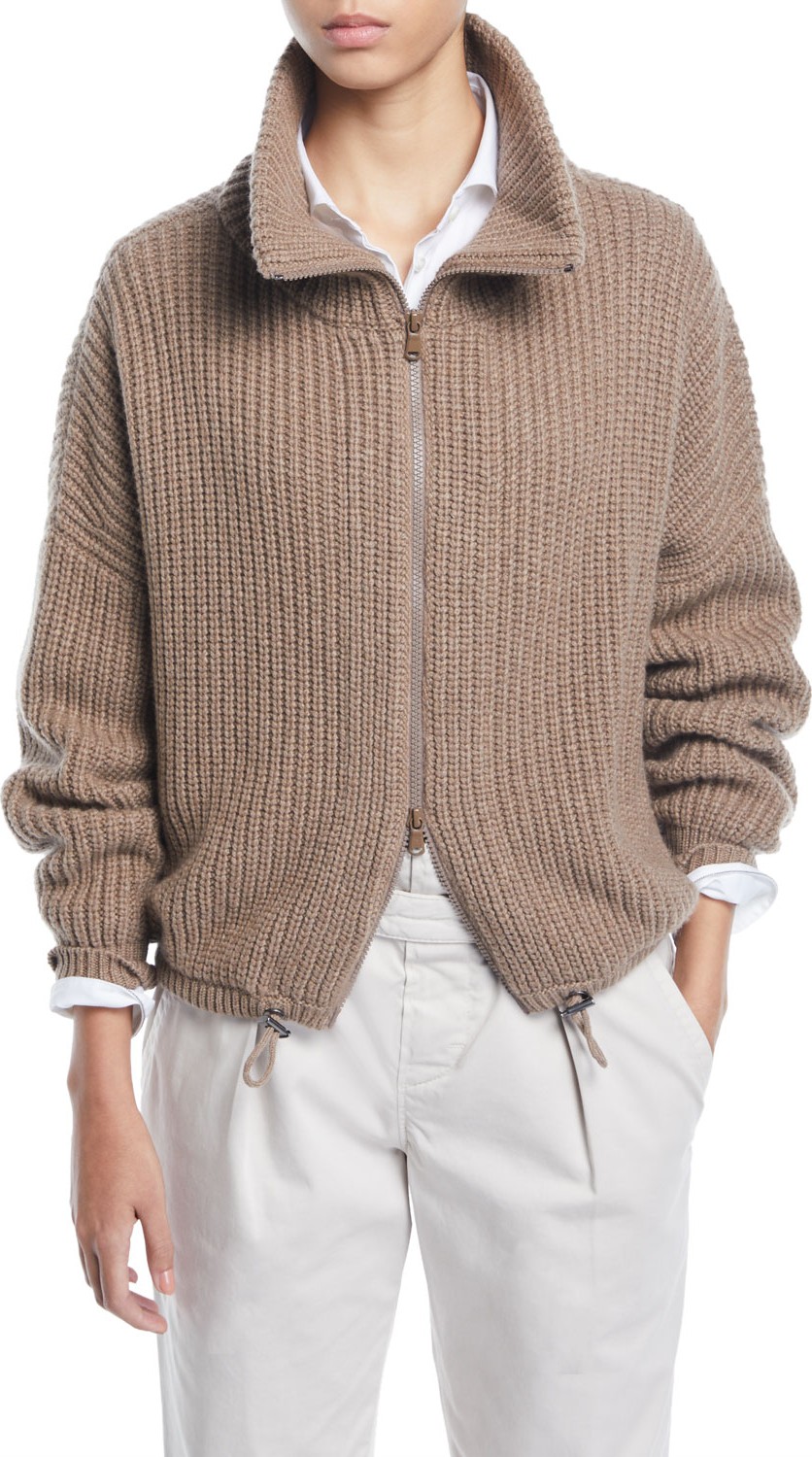 Brunello Cucinelli English-Ribbed Cashmere Zip-Front Cardigan