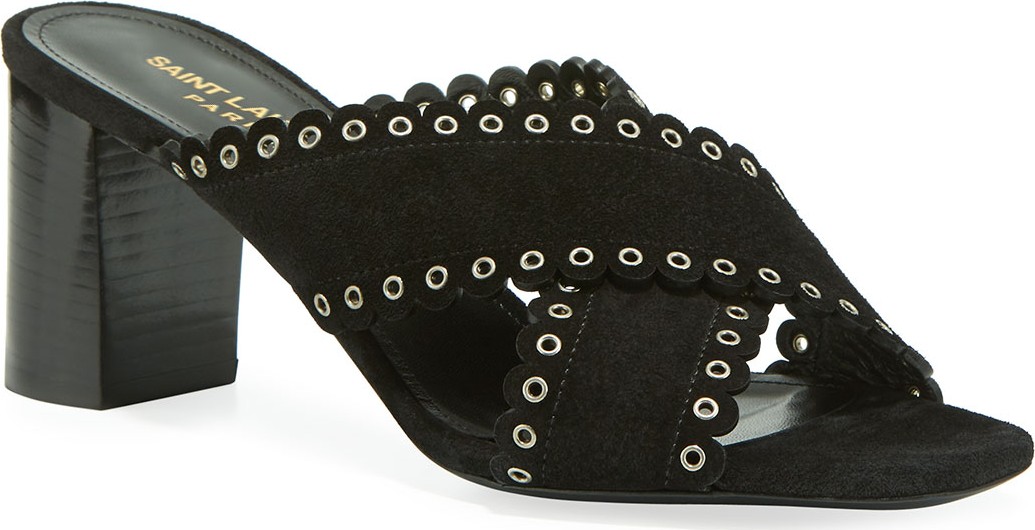Saint Laurent Loulou Suede Eyelet-Trim Slide Sandals
