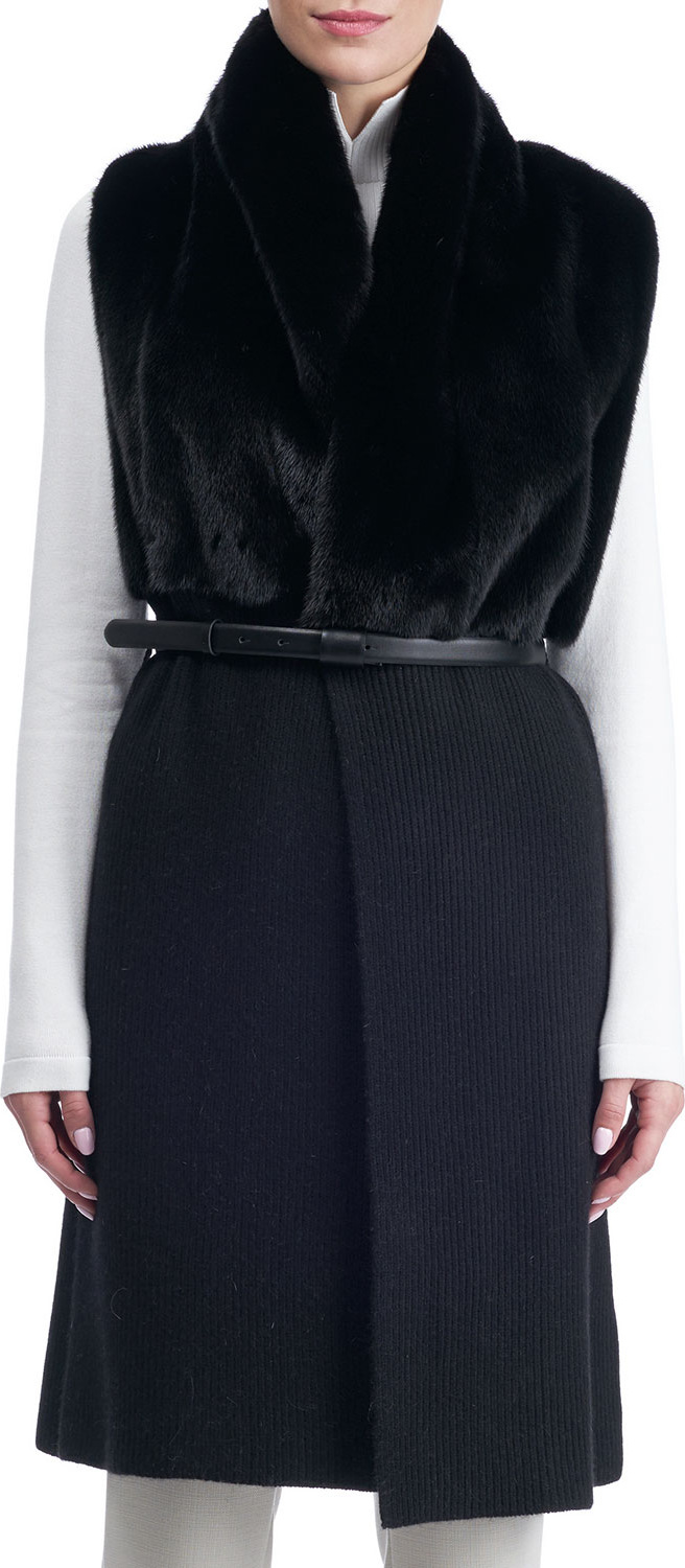 Gorski Belted Long Cashmere Vest with Mink Fur