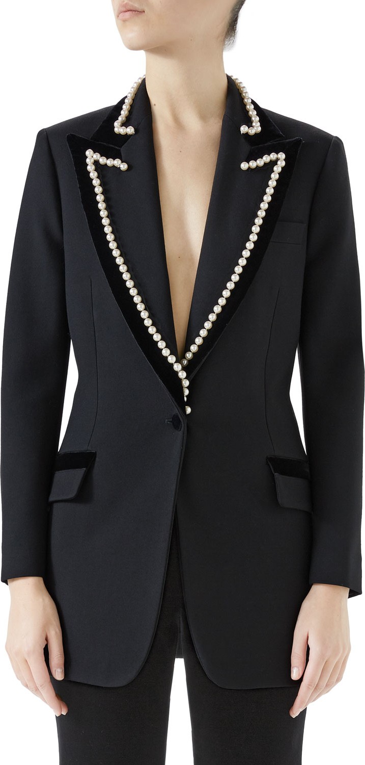 Gucci Peak-Lapel One-Button Wool Jacket w/ Velvet Trim & Pearl-Embroidery