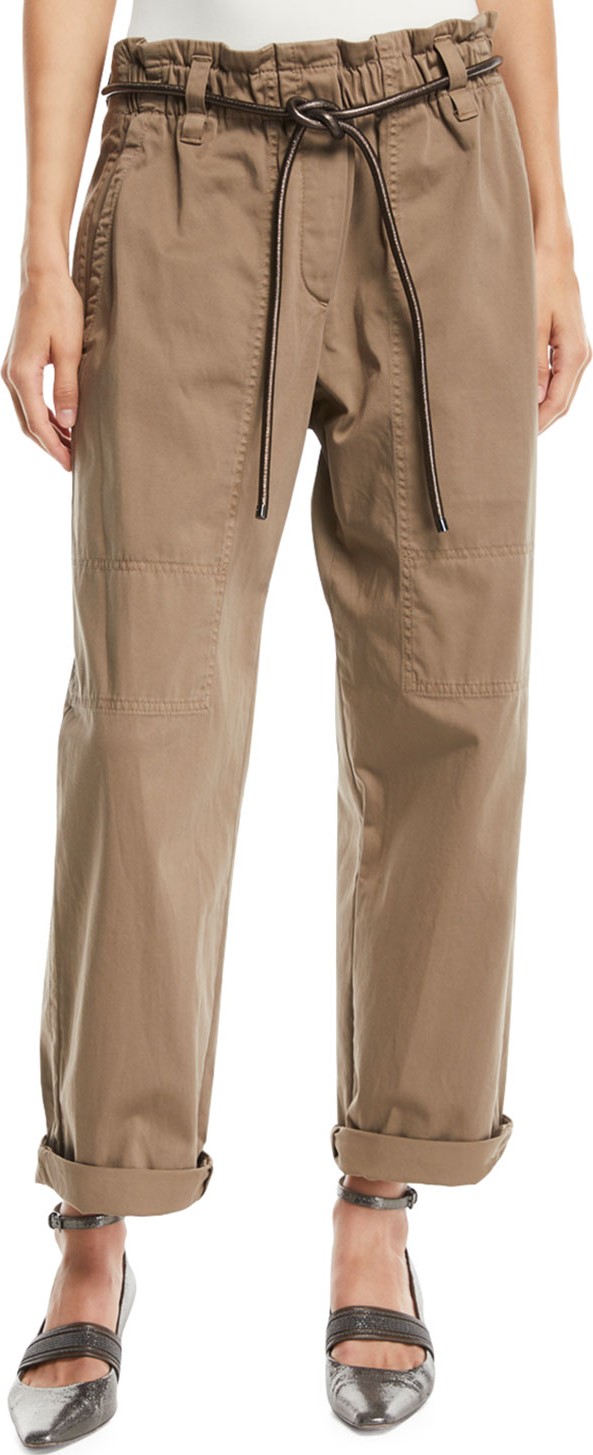 Brunello Cucinelli Paperbag-Waist Straight-Leg Cotton Pants w/ Cord Belt