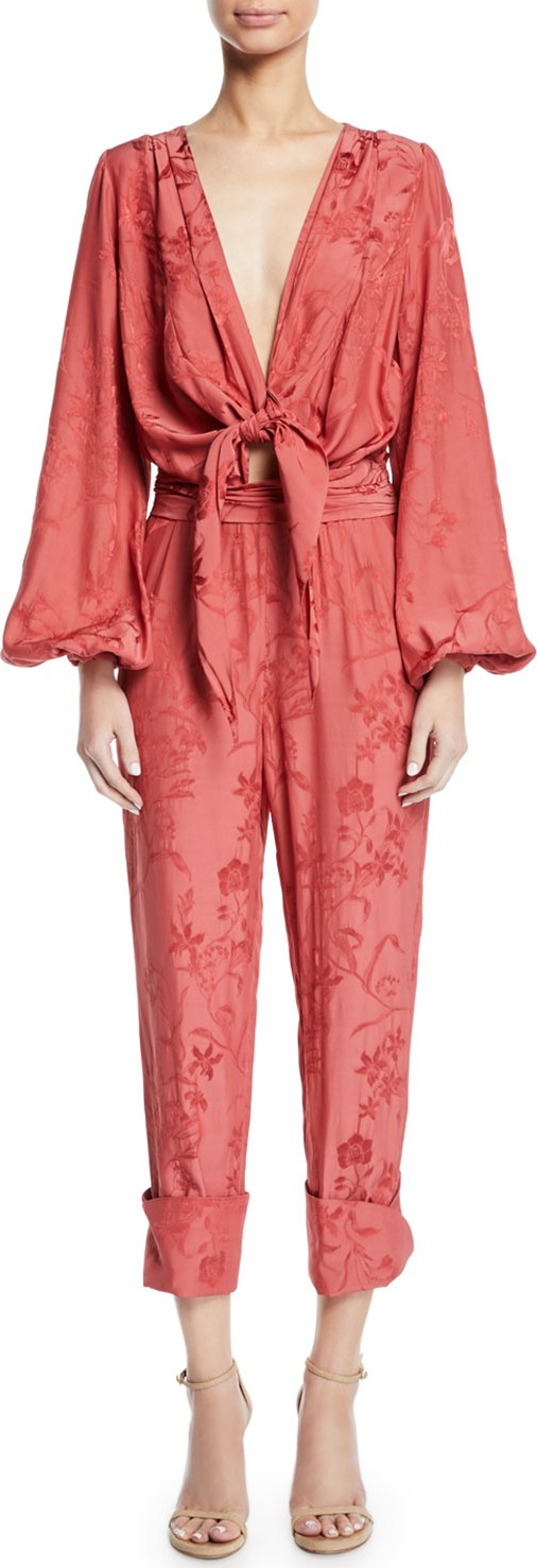 Johanna Ortiz Fanfare Plunging Tie-Front Blouson-Sleeve Floral-Jacquard Viscose Jumpsuit