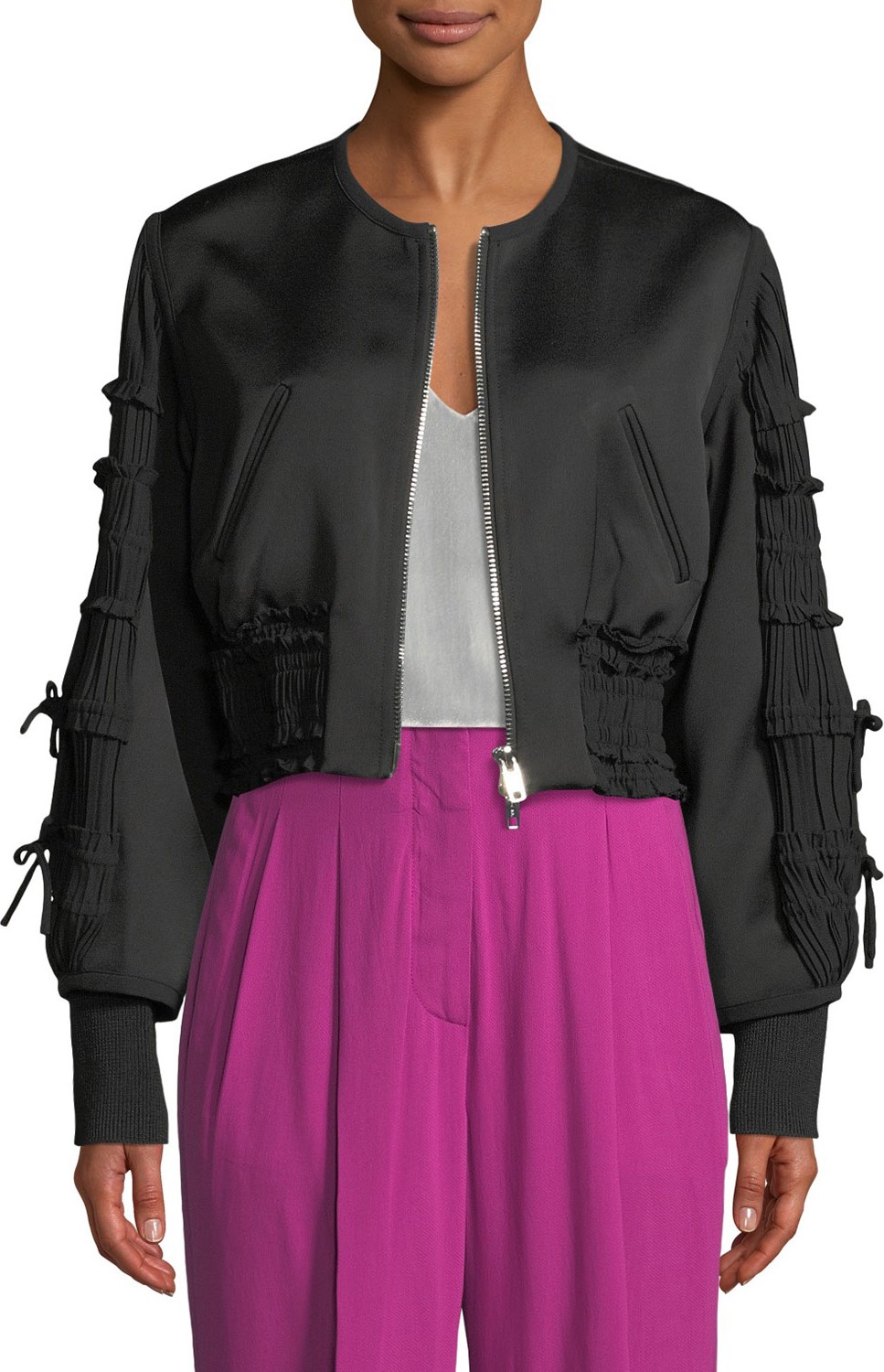 3.1 Phillip Lim Gathered-Sleeve Zip-Front Smocked Bomber Jacket
