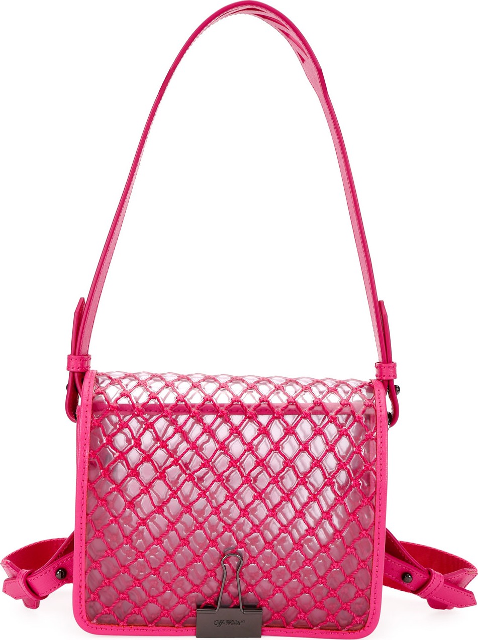 Off White PVC Net Flap Crossbody Bag, Fuchsia
