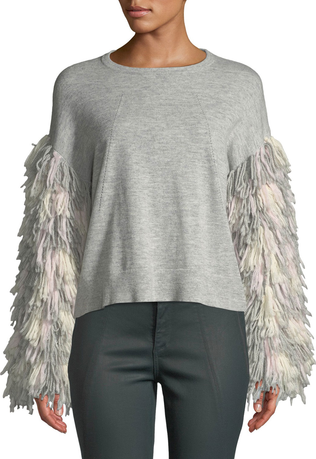 Tabula Rasa Berber Fringe-Sleeve Crewneck Sweater