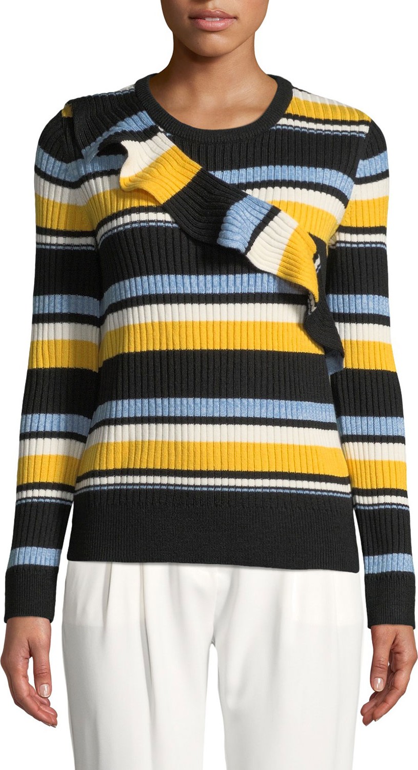Parker Montego Striped Ruffle Wool-Blend Sweater