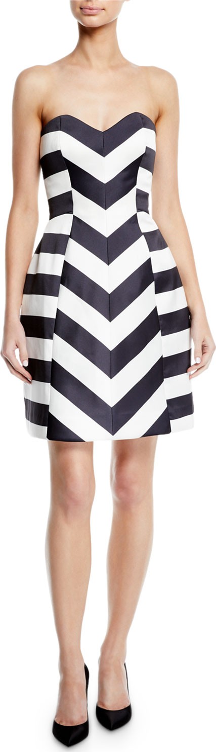 Monique Lhuillier Strapless Striped Mikado Fit-and-Flare Cocktail Dress
