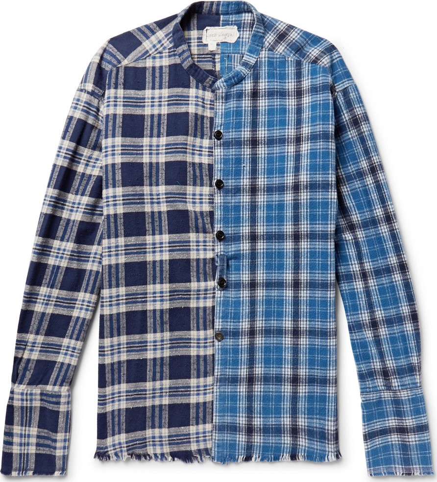 Greg Lauren Grandad-Collar Panelled Checked Cotton-Flannel Shirt