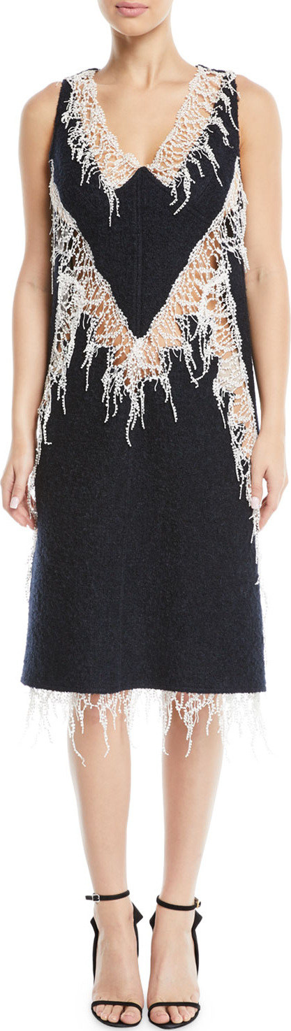 Calvin Klein 205W39NYC V-Neck Sleeveless Wool Boucle Dress w/ Popcorn Lace Trim