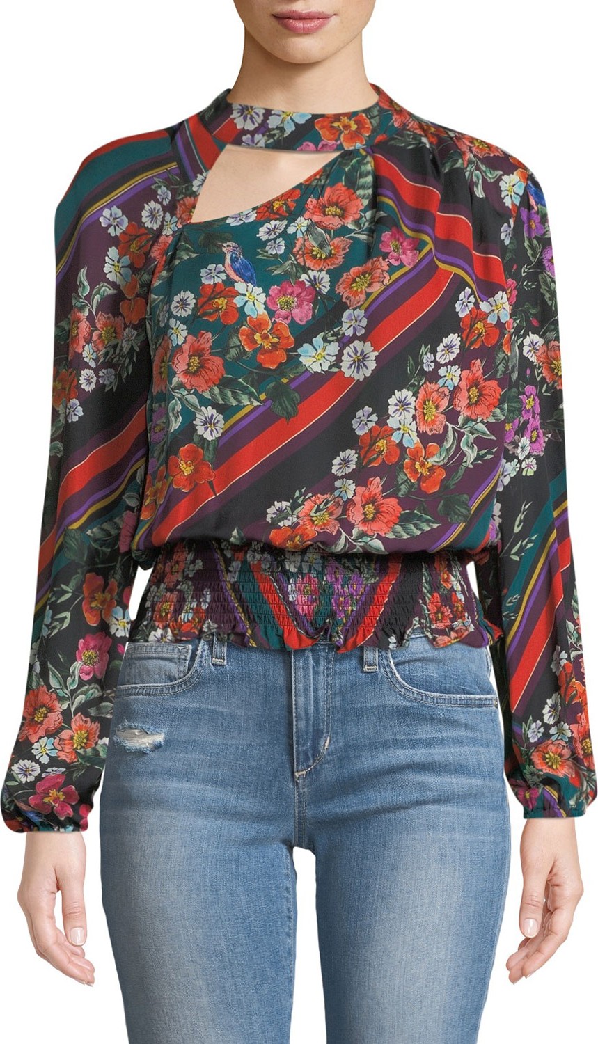 Parker Gavin Cutout Floral Long-Sleeve Blouse