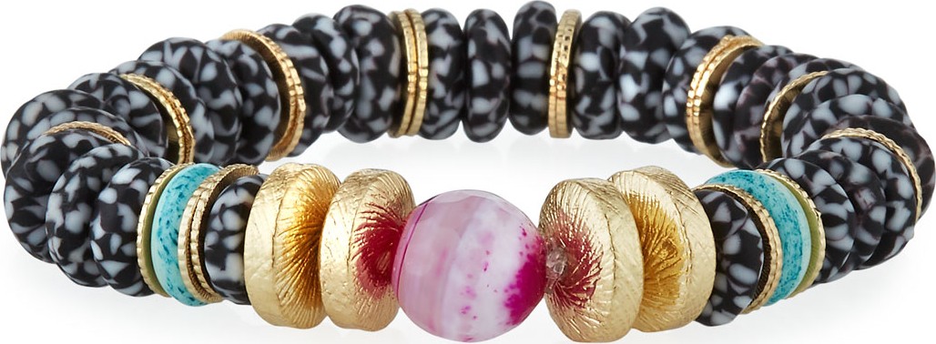 Akola Agate, Bone & Glass Stretch Bracelet, Black