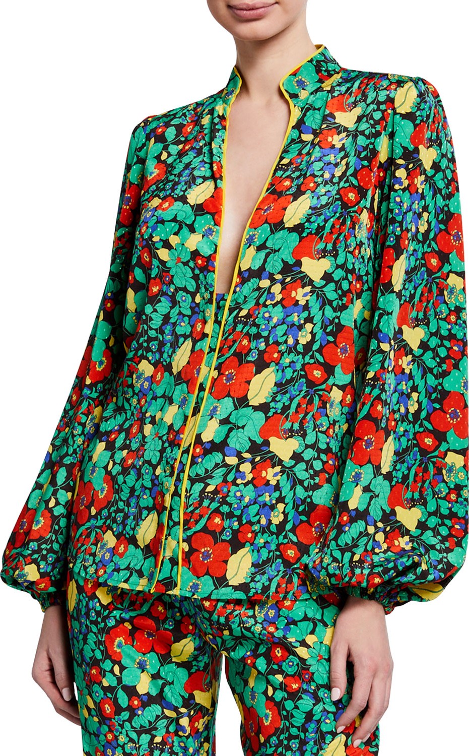 Alexis Minu Plunging Floral-Print Blouson-Sleeve Top
