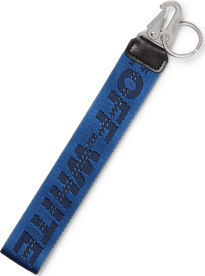 Off White Leather-Trimmed Logo-Jacquard Webbing Key Fob