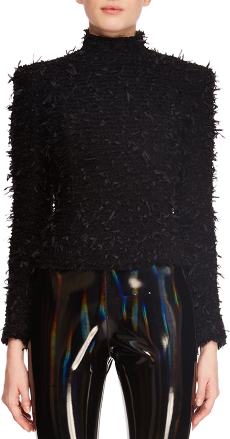 Balmain Mock-Neck Long-Sleeve Back-Zip Fringe-Knit Top