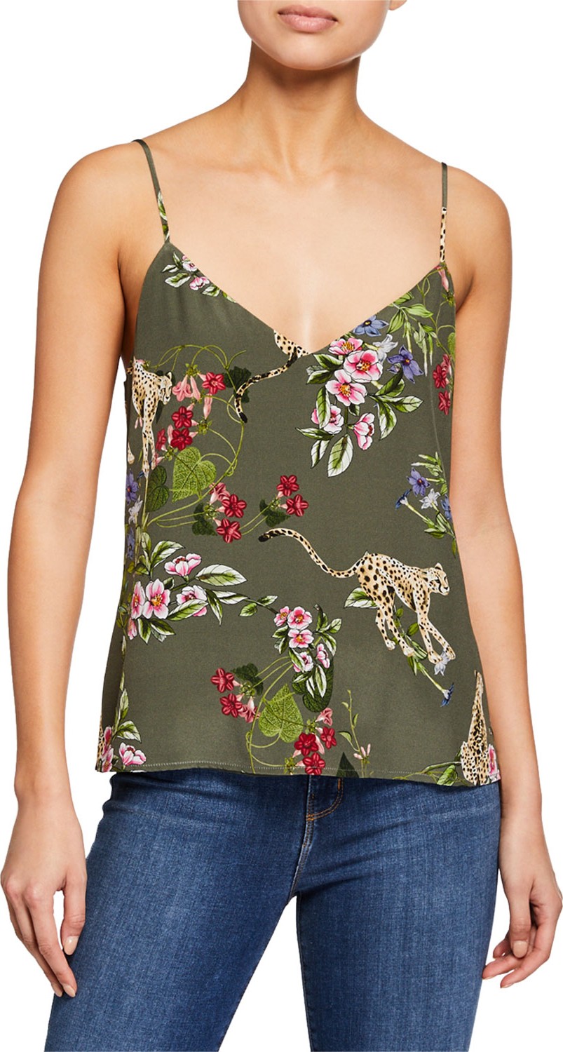 L'AGENCE Jane Cheetah & Flower Silk Spaghetti-Strap Top